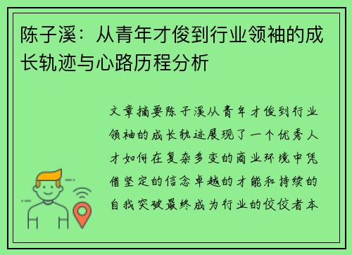 陈子溪：从青年才俊到行业领袖的成长轨迹与心路历程分析