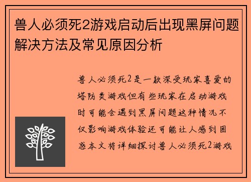 兽人必须死2游戏启动后出现黑屏问题解决方法及常见原因分析